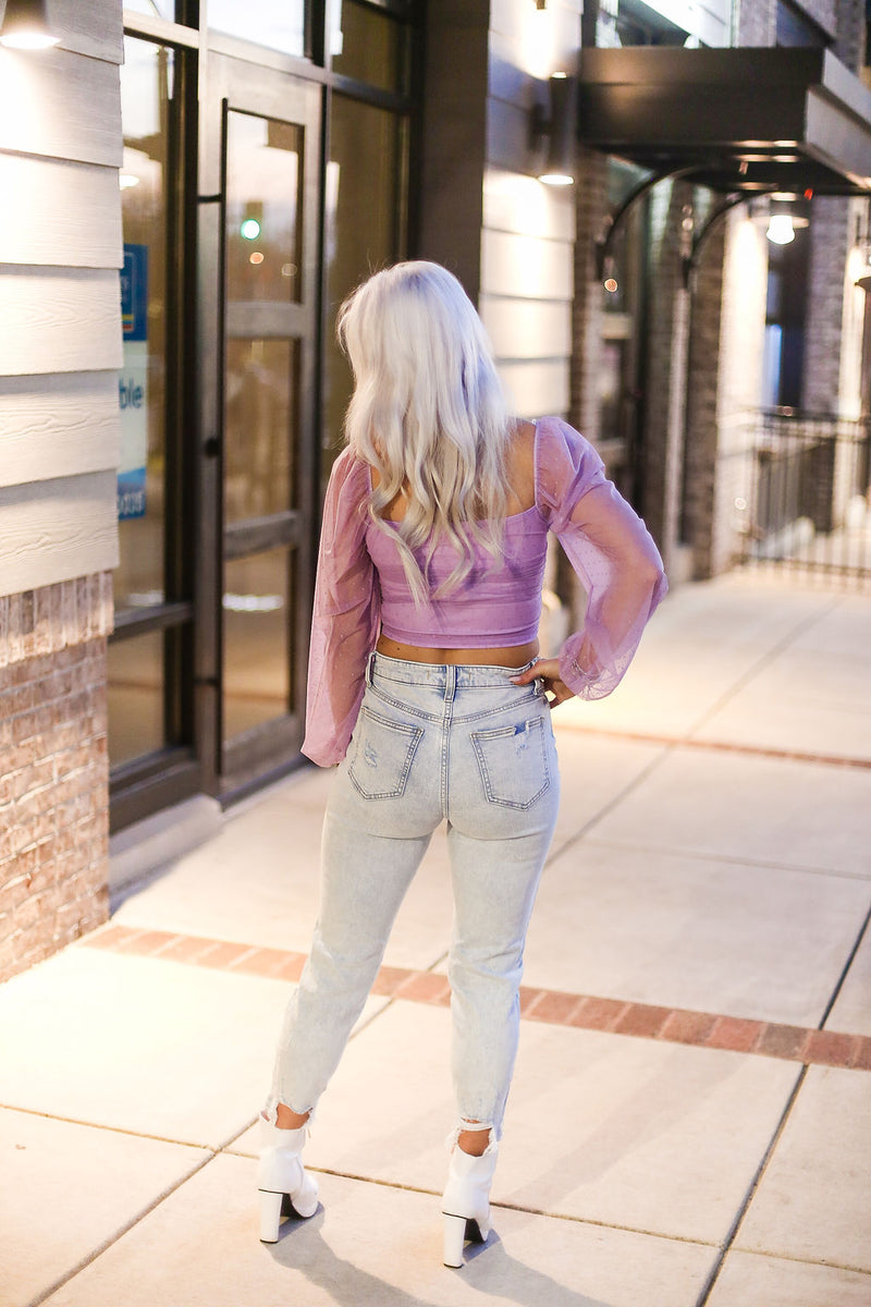 Purple Mesh Dot Long Sleeve Crop Top - Shop Kendry Collection Boutique