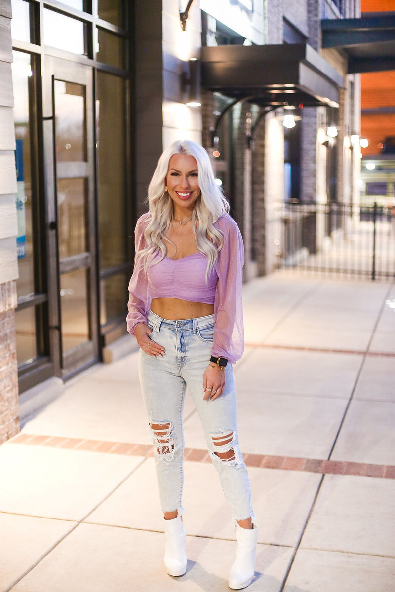 Purple Mesh Dot Long Sleeve Crop Top - Shop Kendry Collection Boutique