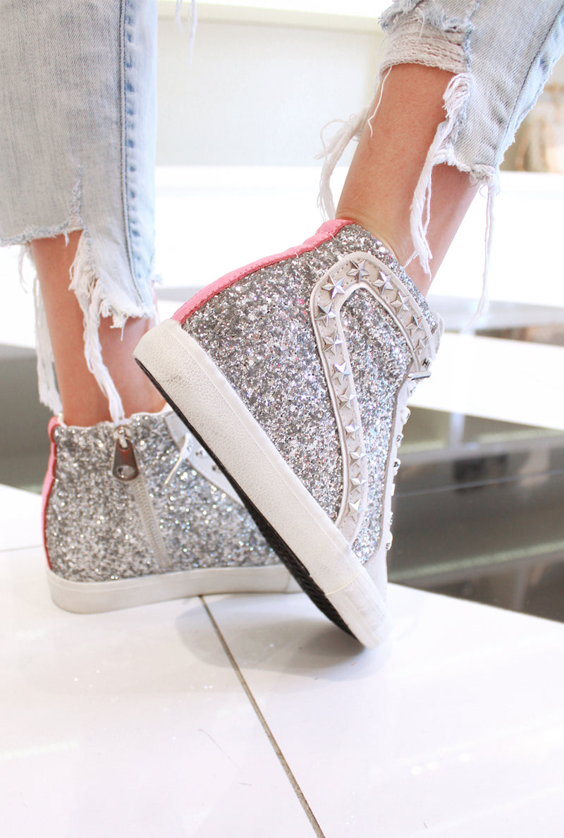 Ray Pink Stripe Glitter High Top Sneaker - Hidden Wedge - Vintage Havana - Kendry Collection Boutique