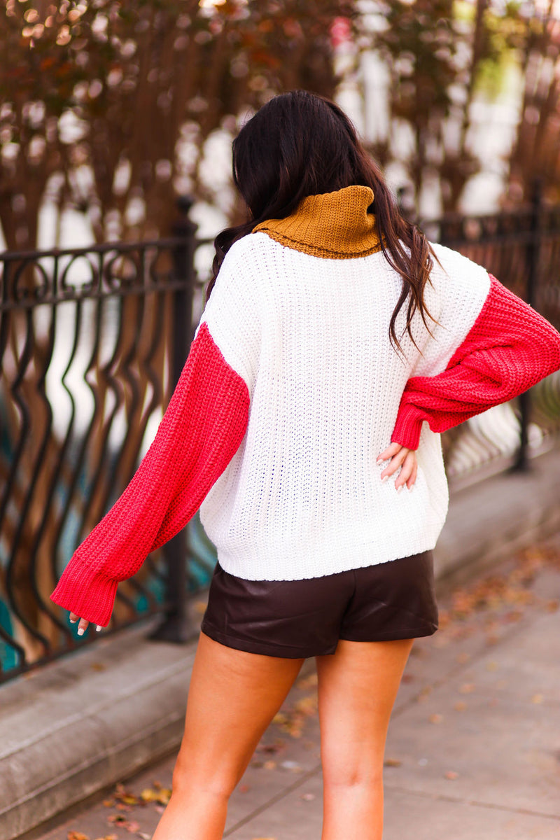 Red And White Color Block Sweater