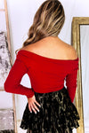 Red Long Sleeve Off The Shoulder Bodysuit - Kendry Collection Boutique