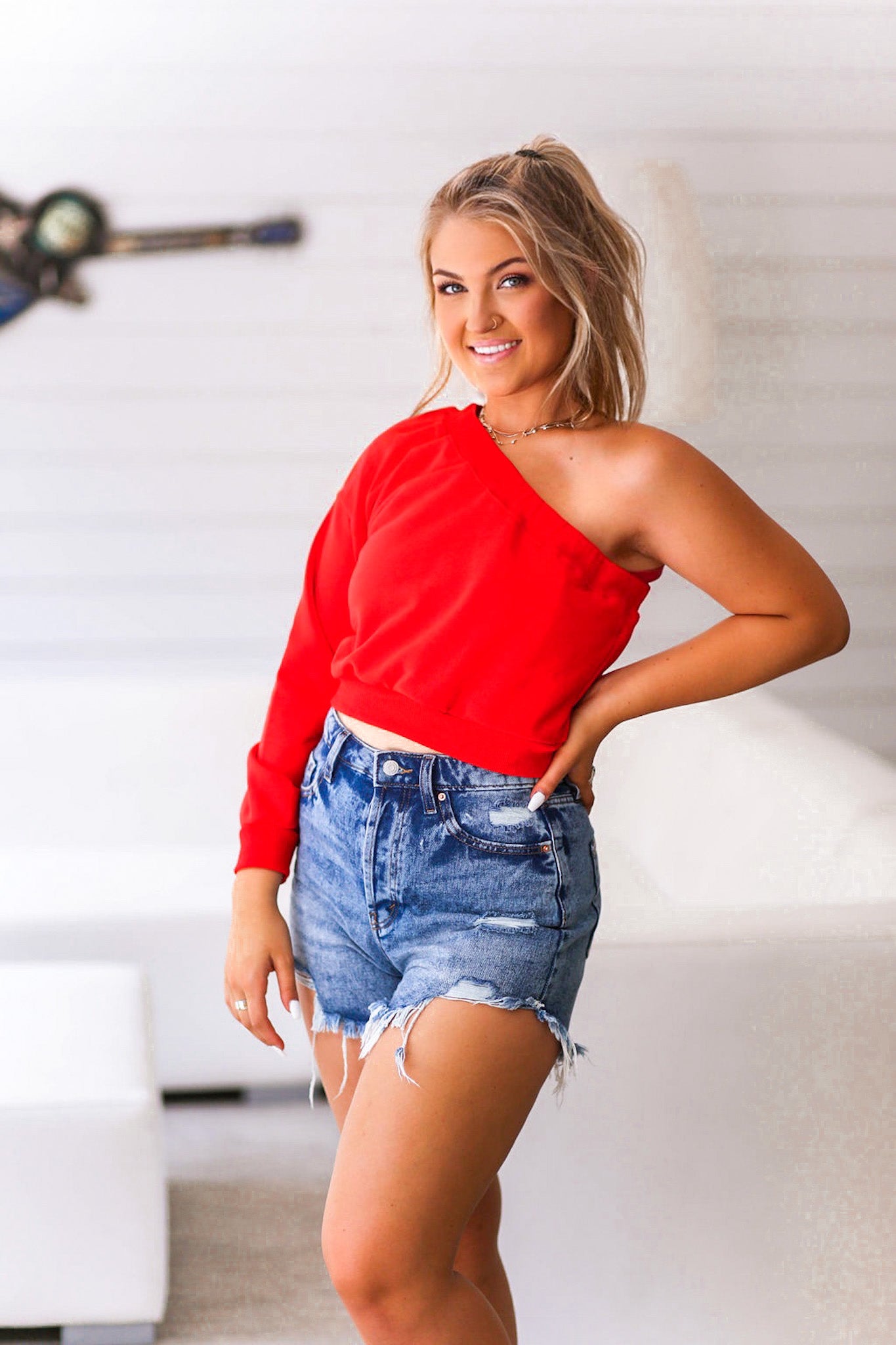 Crimson Red One Shoulder Sweatshirt Shop Kendry Collection