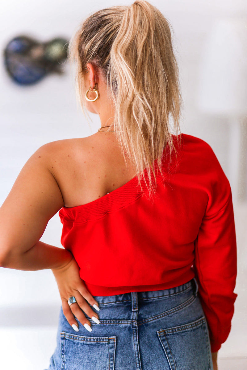 Crimson Red One Shoulder Sweatshirt - Shop Kendry Collection Online Boutique