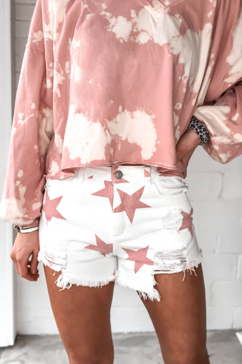 Red And White Star Patterned Distressed Denim Shorts - Kendry Collection Boutique