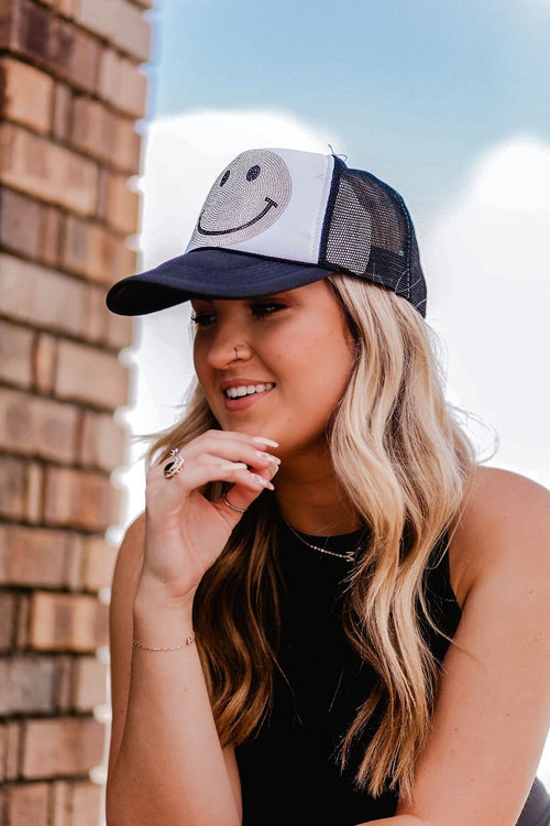 Rhinestone Smiley Face Trucker Hat- Shop Kendry Collection Boutique