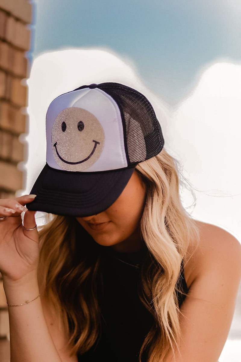 Rhinestone Smiley Face Trucker Hat- Shop Kendry Collection Boutique
