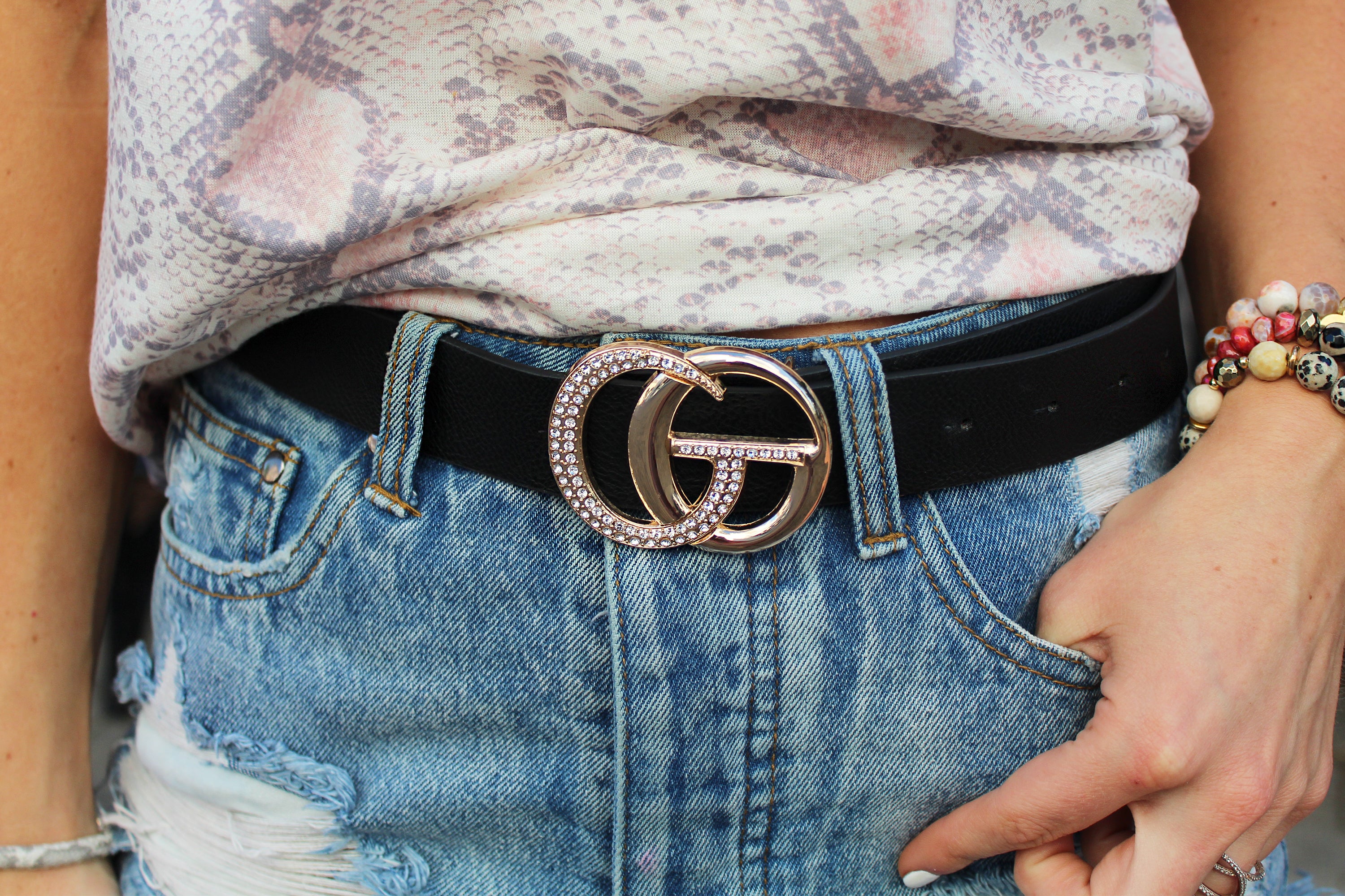 Rhinestone Studded Black G Belt