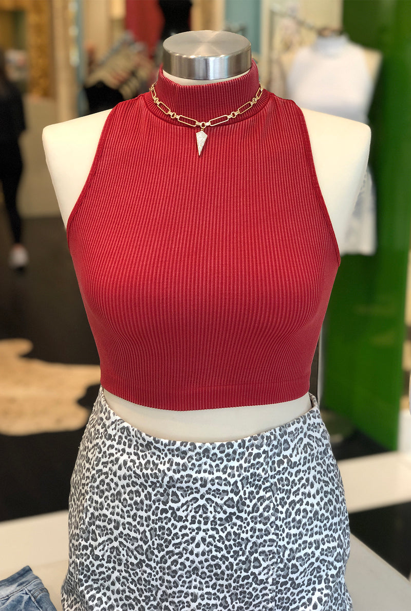 Ribbed Mock Neck Seamless Crop Top - Red - Shop Kendry Collection 