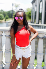 Ribbed One Shoulder Red Thong Bodysuit - Kendry Collection Boutique