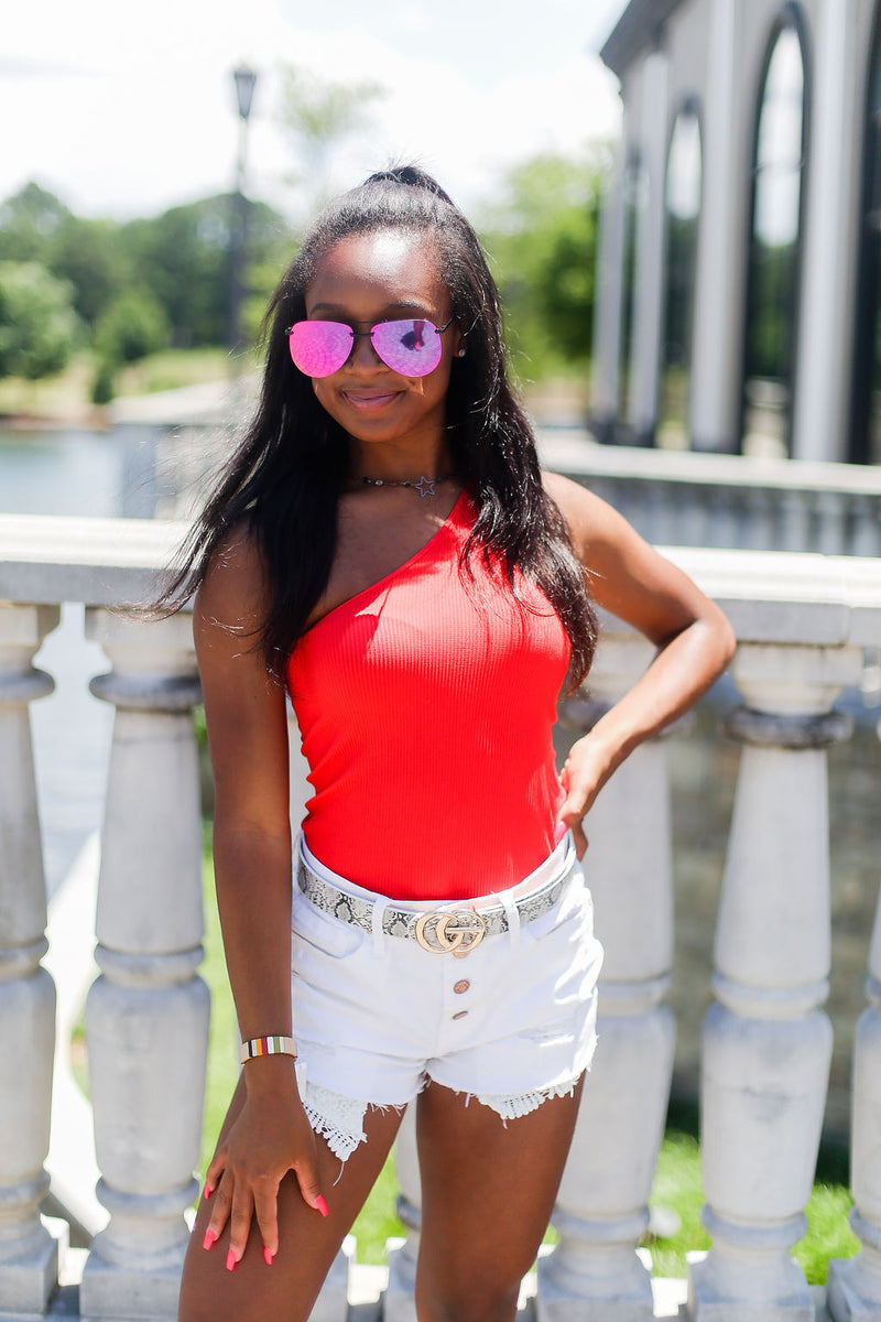 Ribbed One Shoulder Red Thong Bodysuit - Kendry Collection Boutique