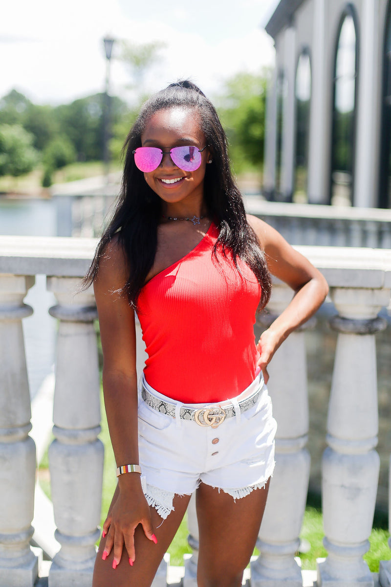 Ribbed One Shoulder Red Thong Bodysuit - Kendry Collection Boutique