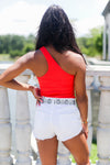 Ribbed One Shoulder Red Thong Bodysuit