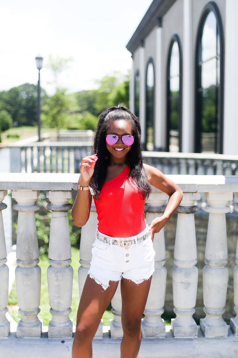 Ribbed One Shoulder Red Thong Bodysuit - Kendry Collection Boutique
