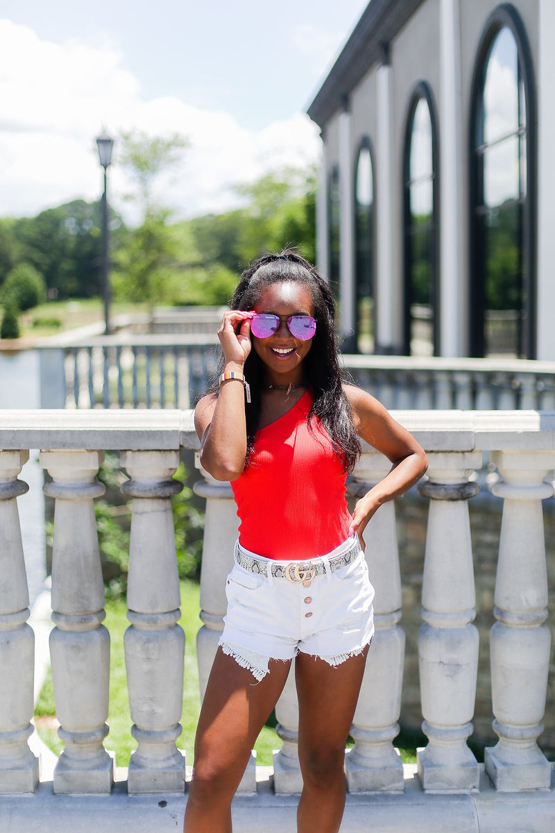 Ribbed One Shoulder Red Thong Bodysuit - Kendry Collection Boutique