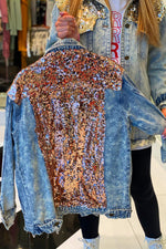 Rose Gold Sequin Distressed Denim Jacket