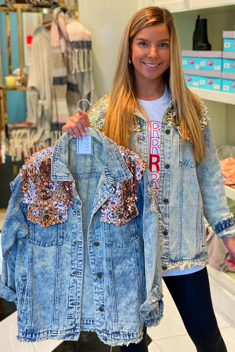 Rose Gold Sequin Distressed Denim Jacket