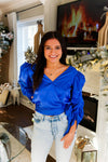 Royal Blue Satin Puff Sleeve Tie Blouse - Shop Kendry Collection Boutique
