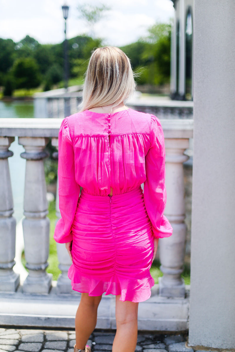 Ruched Long Sleeve Mini Dress - Hot Pink - Shop Cute Dresses Online At Kendry Collection Boutique