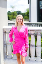 Ruched Long Sleeve Mini Dress - Hot Pink - Shop Cute Dresses Online At Kendry Collection Boutique