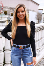 Ruched Puff Sleeve Black Square Neck Bodysuit - Kendry Collection 