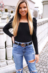 Ruched Puff Sleeve Black Square Neck Bodysuit - Kendry Collection 