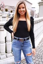 Ruched Puff Sleeve Black Square Neck Bodysuit - Kendry Collection 