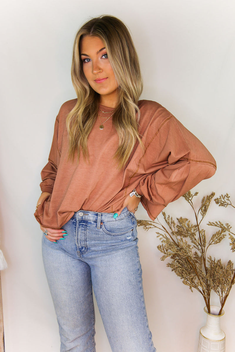 Rust Acid Wash Long Sleeve High Low Top - Shop Kendry Collection Boutique