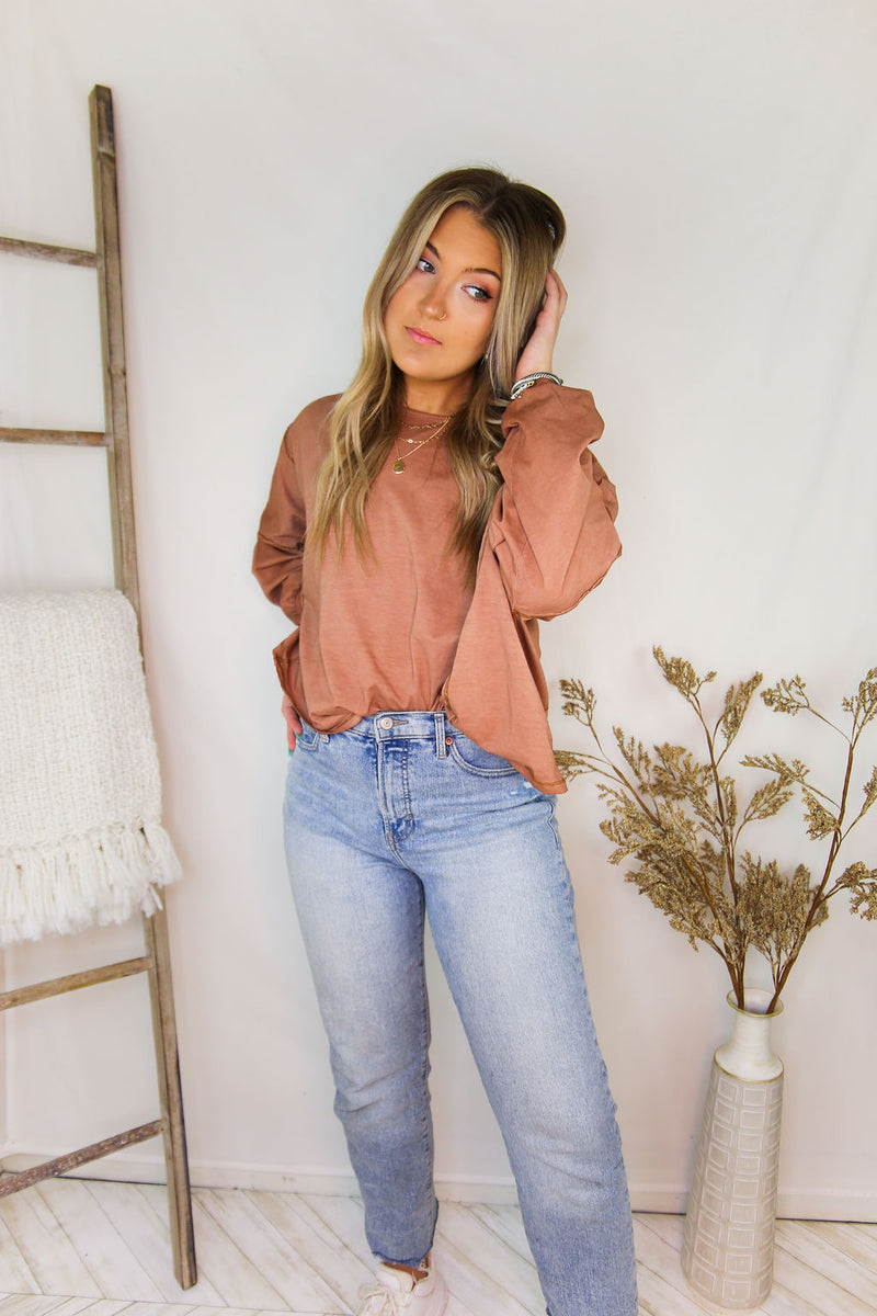 Rust Acid Wash Long Sleeve High Low Top - Shop Kendry Collection Boutique