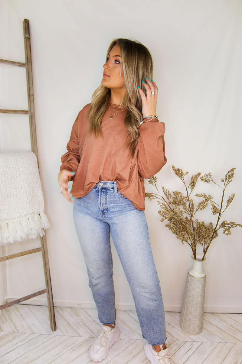 Rust Acid Wash Long Sleeve High Low Top - Shop Kendry Collection Boutique