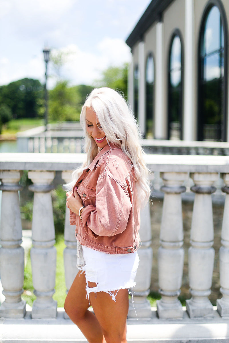 Rust Colored Distressed Denim Jacket