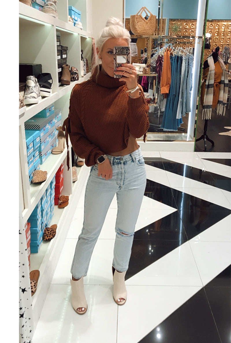 Rust Lace Up Cold Shoulder Cropped Turtleneck Sweater-shop kendry 