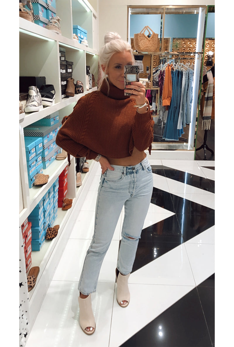 Rust Lace Up Cold Shoulder Cropped Turtleneck Sweater-shop kendry 