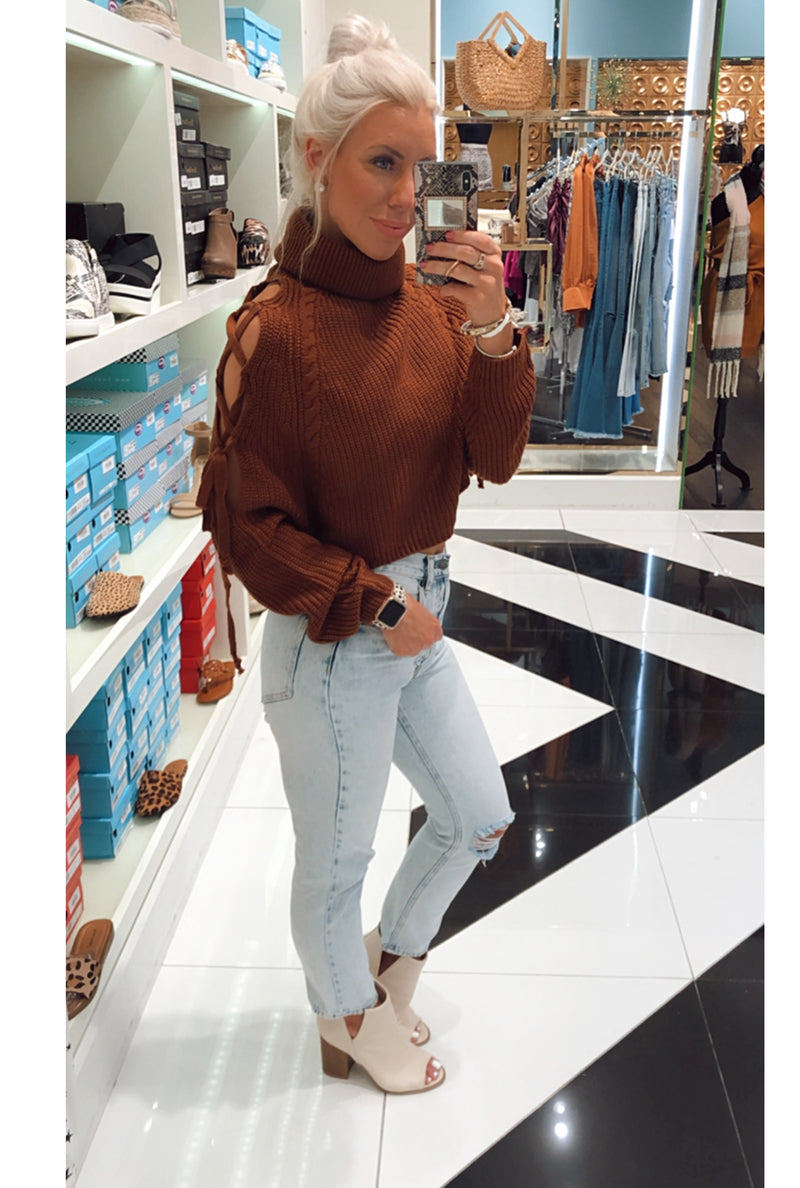 Rust Lace Up Cold Shoulder Cropped Turtleneck Sweater-shop kendry 