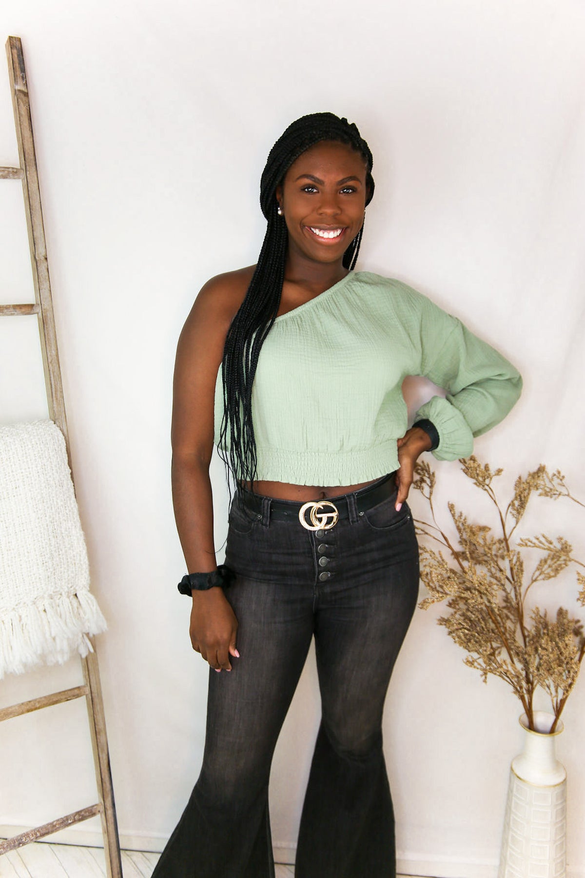 Sage Green One Shoulder Linen Top - Shop Kendry Collection Boutique