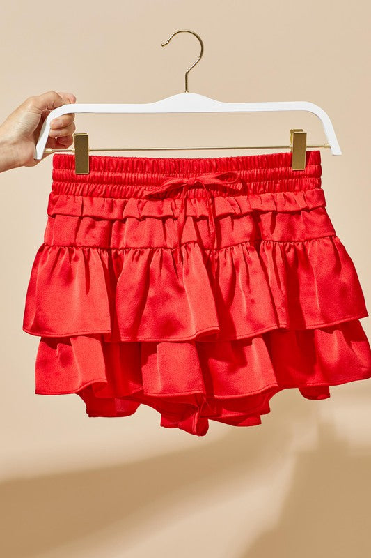 Red Satin Tiered Skort