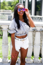 Grey Ruffle Sleeve One Shoulder Crop Top