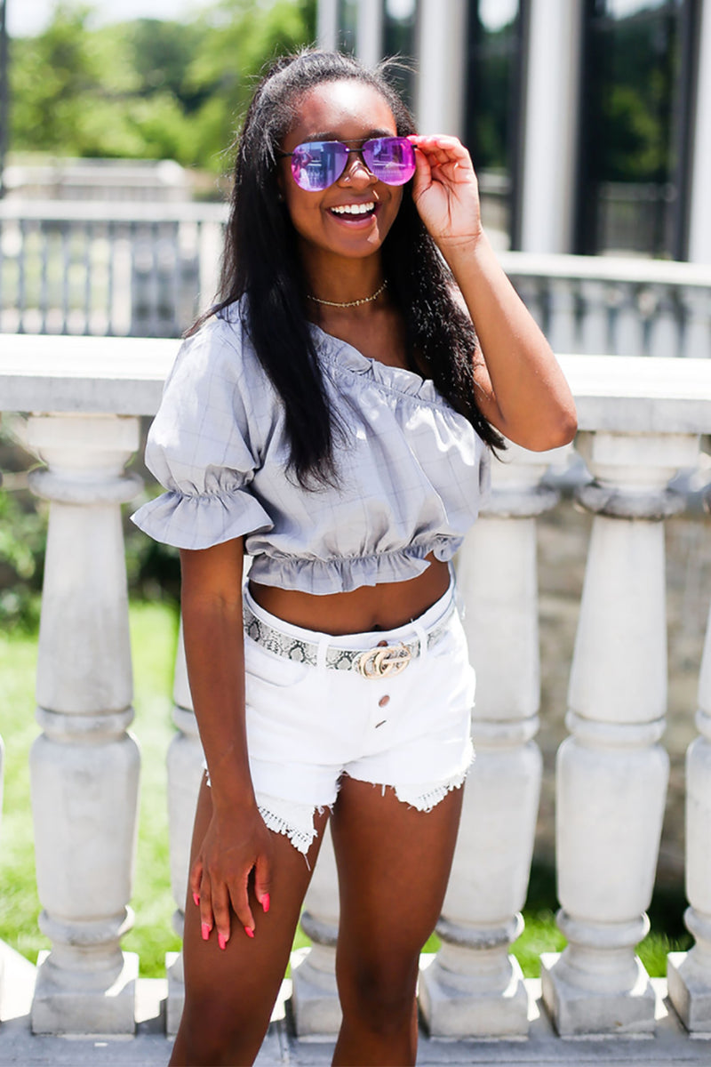 Grey Ruffle Sleeve One Shoulder Crop Top