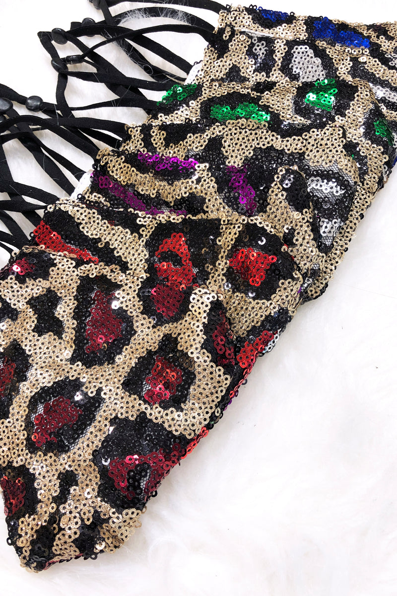 Dark Blue And Gold Leopard Sequin Face Mask