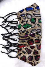 Dark Blue And Gold Leopard Sequin Face Mask