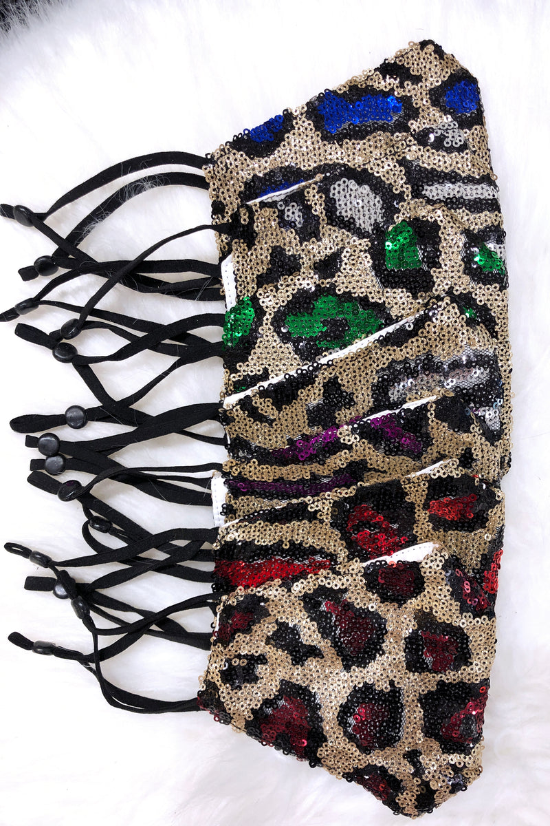 Dark Blue And Gold Leopard Sequin Face Mask