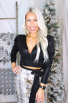 Shiny Black Puff Sleeve Cropped Tie Top - Kendry Collection Boutique