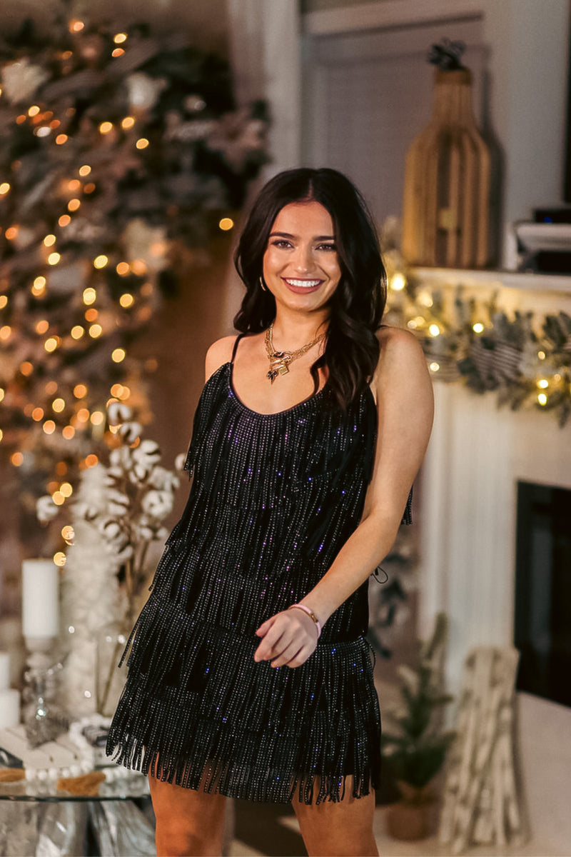 Shop New Years Outfits Black Metallic Fringe Mini Dress - Kendry Collection Boutique