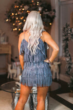 Shop Cute New Years Outfits - Blue Metallic Fringe Mini Dress - Kendry Collection Boutique