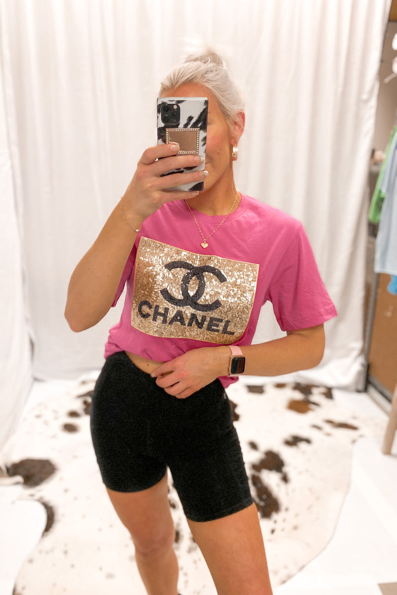Carly Pink Sequin Patch Graphic Tee
