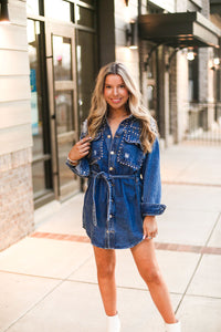 Silver Studded Long Sleeve Denim Dress - Kendry Collection Boutique