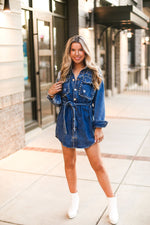 Silver Studded Long Sleeve Denim Dress - Kendry Collection Boutique