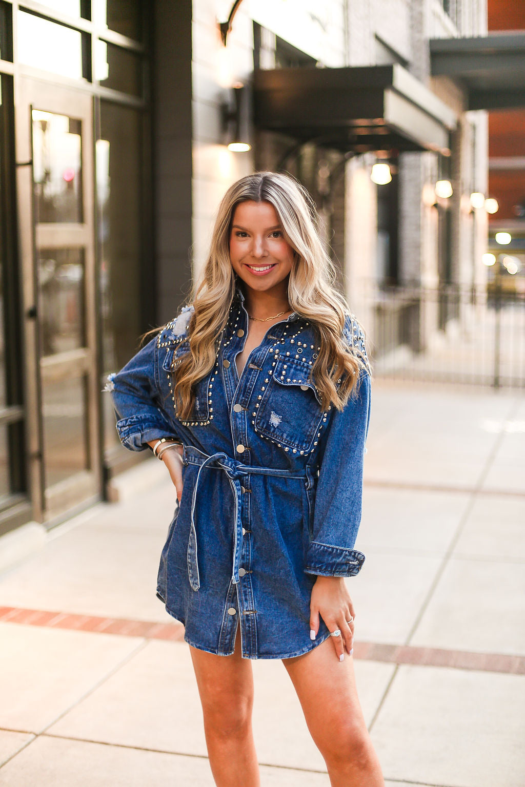 Silver Studded Long Sleeve Denim Dress