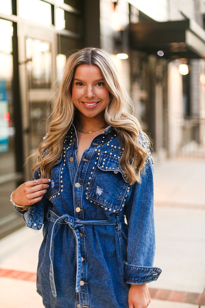 Silver Studded Long Sleeve Denim Dress - Kendry Collection Boutique