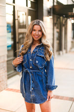 Silver Studded Long Sleeve Denim Dress - Kendry Collection Boutique