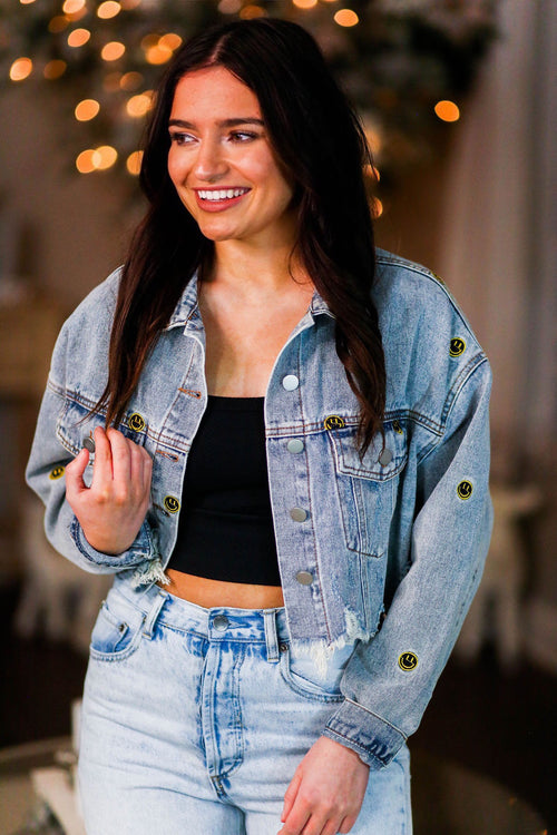 Smiley Face Cropped Denim Jacket